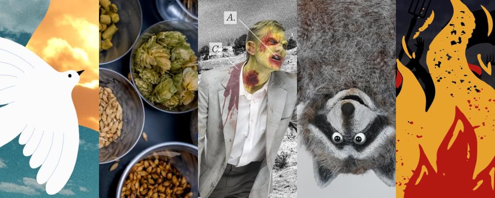 A collage of images showing puppets, beer ingredients, a zombie, flames and a dove